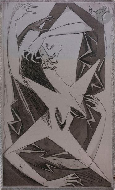 Anton Prinner (1902-1983)
Femme-étoile et mains. (Pl. pour La Femme tondue, Paris, A.P.R., 1946). Zinc gravé à l’eau-forte et au burin. 93 x 155. Biseauté, les angles arrondis.
 L’ouvrage est illustré de 8 sujets gravés par l’artiste. Il est tiré à 550 exemplaires sur vélin du Marais Crèvecœur, numérotés, dont les 100 premiers sont ornés de ces illustrations. En outre les 50 exemplaires de chapelle comportent eux aussi ces gravures. Il en existe également un tirage à part à grandes marges, à 30 épreuves. 