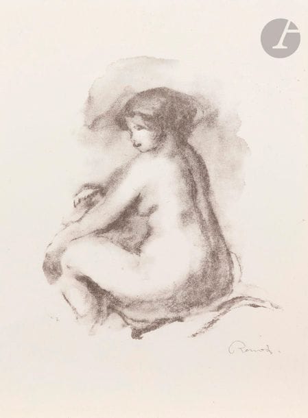 Pierre-Auguste Renoir (1841-1919)
Étude de femme nue, assise, variante. 1904. (Pl. de la suite des Douze Lithographies originales de Pierre-Auguste Renoir. A. Vollard, 1919). Lithographie. 160 x 195. Delteil, Stella 43. Très belle épreuve sur vélin. Toutes marges.