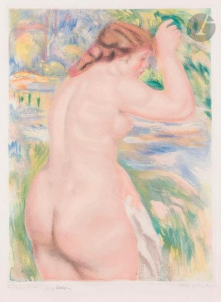 Pierre-Auguste Renoir (1841-1919) (d’après)
Baigneuse. 1923-1924. Aquatinte et roulette par Jacques Villon. 448 x 594. Ginestet et Pouillon 637. Impression en couleurs. Belle épreuve sur vélin blanc fort, l’une des 10 épreuves d’artiste, justifiée et numérotée au crayon, signée par Villon puis annotée « contrôlée par Pierre Renoir ». Empoussiérage, oxydation, rousseurs et menus accidents aux bords du feuillet, dont une déchirure de 20 mm au bord droit, consolidée au verso. Petites épidermures aux bords du feuillet au verso. Toutes marges. Tirage définitif à 200 épreuves. Bernheim-Jeune éd.