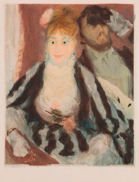 Pierre-Auguste Renoir (1841-1919) (d’après)
La Loge. 1928. Aquatinte par J. Villon. 210 x 265. Ginestet et Pouillon 661. Impression en couleurs. Très belle épreuve sur vélin fort, avec la lettre gravée, du tirage effectué pour la Chalcographie du Louvre. Toutes marges. 