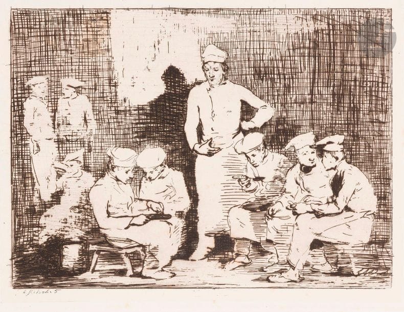Théodule Ribot (1839-1916)
Sujets divers (Portrait d’Émile Cardon, M. A. Cadart, L’Aide de cuisine, Le Déjeuner du chat, Les Éplucheurs, Le Mets brûlé, Le Déjeuner des cuisiniers, La Prière, etc.) Eau-forte. Formats divers. Belles épreuves sur différents papiers, certaines avant la lettre, d’autres en tirage Cadart. Rousseurs, empoussiérage, traces de plis et menus accidents. Toutes marges à la plupart. Ens. 18 p. 