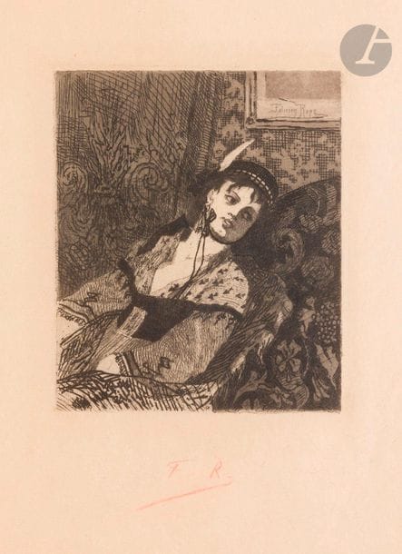 Félicien Rops (1833-1898)
La Femme à la toque écossaise. 1865. Eau-forte et aquatinte. 100 x 120. Exsteens 203. Superbe épreuve sur japon à grandes marges [347 x 547], signée du monogramme au crayon rouge, montée par les bords sur vélin, avec petites ondulations aux bords du feuillet. Infimes traces brunes dans l’angle inférieur droit du feuillet. Timbre dans l’angle inférieur gauche : Collection E. Haraucourt (Lugt 3599). Cadre en marqueterie.