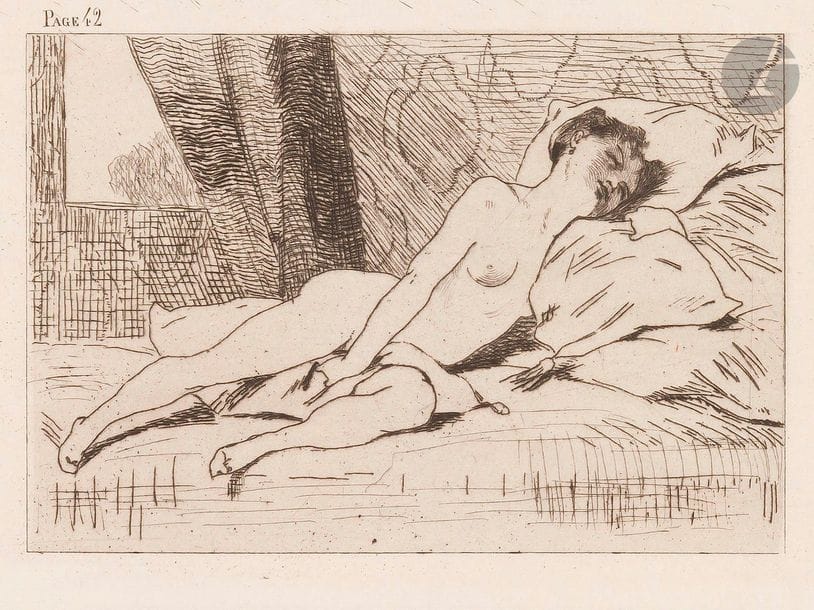Félicien Rops (1833-1898)
Suite libre. Réunion de 8 sujets érotiques (illustrations et frontispices pour divers ouvrages). Eau-forte, héliogravure et pointe sèche. Chaque [152 x 220]. Très belles épreuves de tiré à part sur vergé. Quelques rousseurs claires. Toutes marges. 