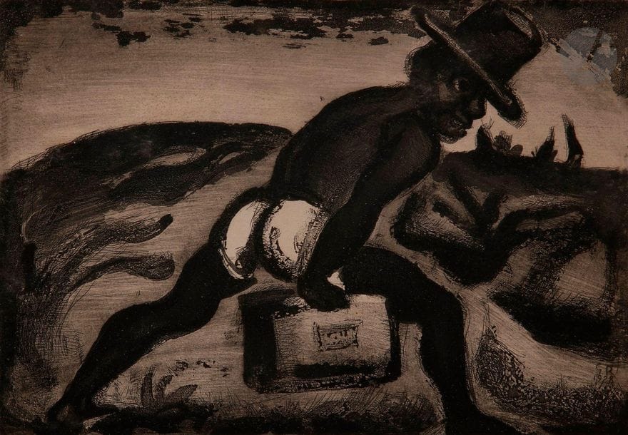 Georges Rouault (1871-1958)
Le Noir libéré. 1928. (Pl. pour les Réincarnations du Père Ubu, Paris, A. Vollard éd., 1932). Eau-forte, aquatinte, pointe sèche et roulette. 298 x 210. Chapon et Rouault 15. Belle épreuve sur vergé. Oxydation du feuillet (plus marquée sous le passe-partout). Marges. Cadre. 
