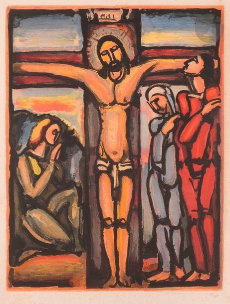 Georges Rouault (1871-1958)
Christ en croix. 1936. Etching and aquatint. 498 x 650. Capon and Rouault 286. Colour printing. Nice proof on vellum, very fresh colors, numbered in pencil, glued in full on cardboard. Scattered light freckles. All margins. Edition of 175 proofs. 
 This subject was being considered for a redesign of the Miserere. 