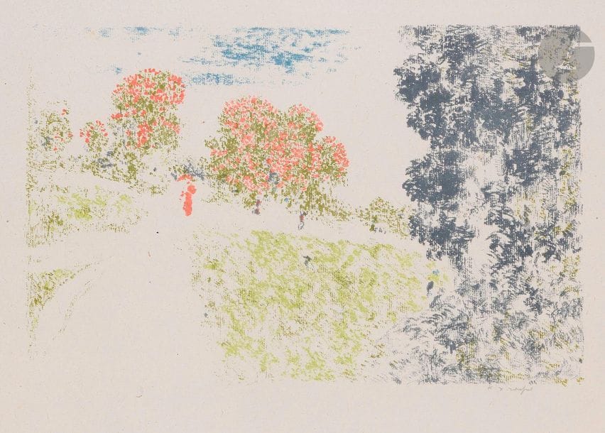 Ker-Xavier Roussel (1867-1944)
Woman in red in a landscape. (Pl. of the Landscapes suite). 1898. Autograph. 350 x 235. Solomon 15; Johnson 134-2. Colour printing. Very nice proof on flying china, signed in pencil. Thin band of freckles on the right edge. Some small foreign bodies inherent to the texture of the paper. All margins. Printed at 100 proofs. A. Vollard ed.