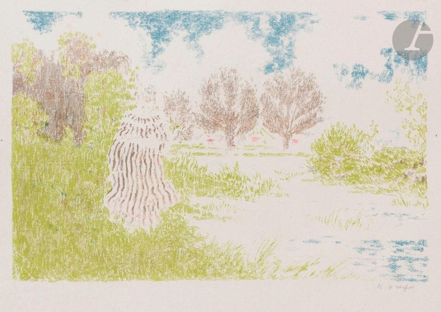 Ker-Xavier Roussel (1867-1944)
Femme en robe à rayures. (Pl. de la suite Paysages). 1898. Autographie. 322 x 212. Salomon 16 ; Johnson 134-3. Impression en couleurs. Très belle épreuve sur chine volant, signée au crayon. Quelques rares rousseurs. Toutes marges. Tirage à 100 épreuves. A. Vollard éd.