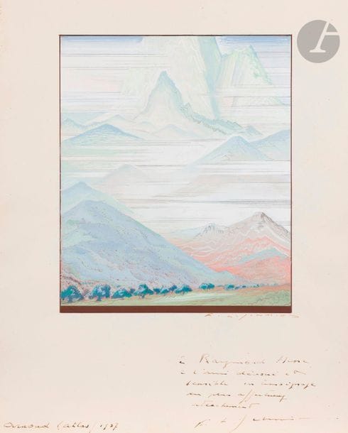 François-Louis Schmied (1873-1941)
Paysage de montagnes. Étude préparatoire pour un sujet non publié dans l’ouvrage Sud-Marocain. Grand-Atlas. Anti-Atlas, 1936. Gouache sur traits de plume et d’encre sépia sur vélin fort ivoire, signée à la plume et à l’encre sépia. [237 x 298]. Long envoi à la plume en pied : « à Raymond Hesse à l’ami dévoué et sensible en témoignage du plus affectueux attachement F. L. Schmied ». Annotation en bas à gauche par une autre main. Petits trous d’épingles dans les angles du sujet.
 Raymond Hesse (1884-1967) était un avocat, bibliophile et écrivain.