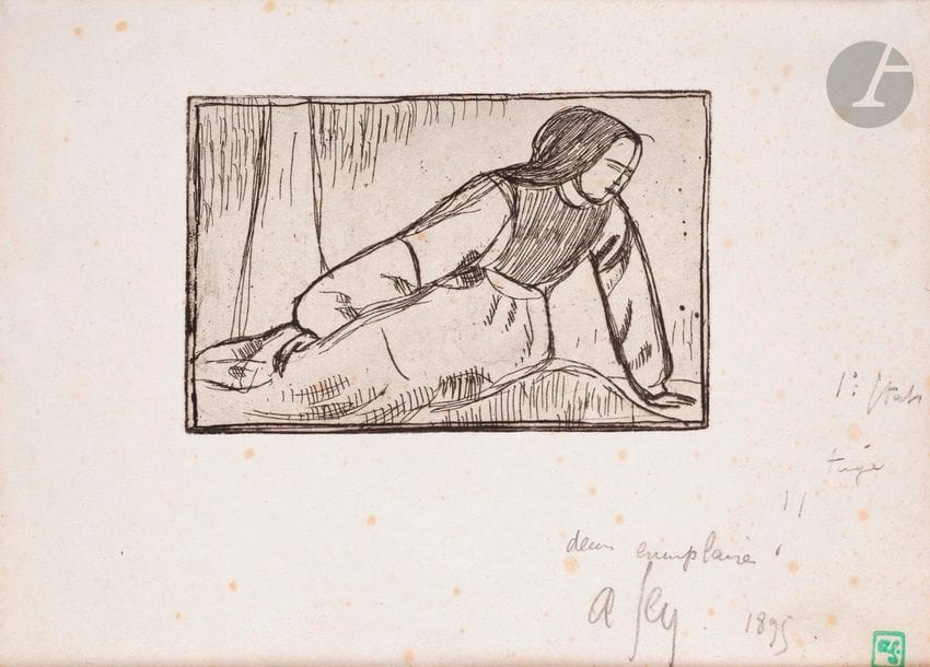 Armand Seguin (1869-1903)
Bretonne assise à la coiffe noire (pl. horizontale). 1895. Eau-forte. 177 x 114. Field 56. Rarissime épreuve sur vergé, fortement lavée, annotée au crayon en marge droite : « 1° Etat / tirage I I » puis sous le sujet : « deux exemplaires », signée et datée puis revêtue du timbre de l’artiste vert prairie. Nombreux accidents anciennement restaurés aux bords du feuillet au verso, parfois de façon malhabile, avec traces de colle visibles. Fins plis cassés sur le pourtour du feuillet. Larges rousseurs persistantes éparses. Toutes marges (fixées au verso sous passe-partout par plusieurs morceaux de papier gommé). 
 Field dans son catalogue raisonné ne mentionne pas cette épreuve annotée du 1er état, dont la date (1895) vient contredire celle qu’il donne (1893-1895). 