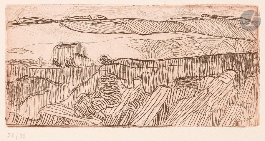Armand Seguin (1869-1903)
Sujets bretons : femmes, paysages. 1893-1895. Eau-forte (parfois avec roulette). Feuillets : 500 x 335. Field 19 à 21, 24, 25, 28, 34, 35, 44, 45, 48 à 52, 54 à 57, 60, 61, 63, 75, 82. Exceptionnelle réunion de 24 très belles épreuves sur vélin crème fort, du tirage à 35 épreuves effectué pour Malingue (vers 1960), numérotées au crayon et revêtues du timbre vert pâle de l’artiste dans l’angle inférieur droit du feuillet. Infime oxydation des feuillets. Toutes marges non ébarbées. Timbre de la succession P. Sérusier – succession de Mademoiselle Boutaric (vente Ader-Picard-Tajan du 19 juin 1984) au verso de chaque pl. dans l’angle inférieur gauche. 