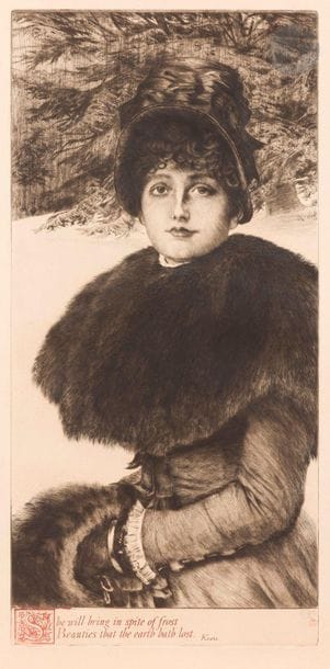 James-J.-J. Tissot (1836-1902)
Promenade dans la neige. 1880. Eau-forte et pointe sèche. 267 x 566. Wentworth 48. Superbe épreuve sur vergé fort, du 2e état (sur 3), avec la lettre tirée en rouge, timbrée (Lugt 1545). Minuscule point blanc (défaut d’encrage) sur l’aile du nez du modèle, deux autres dans la fourrure. Un point de rouille en marge droite. Quelques légères rousseurs claires. Toutes marges. 