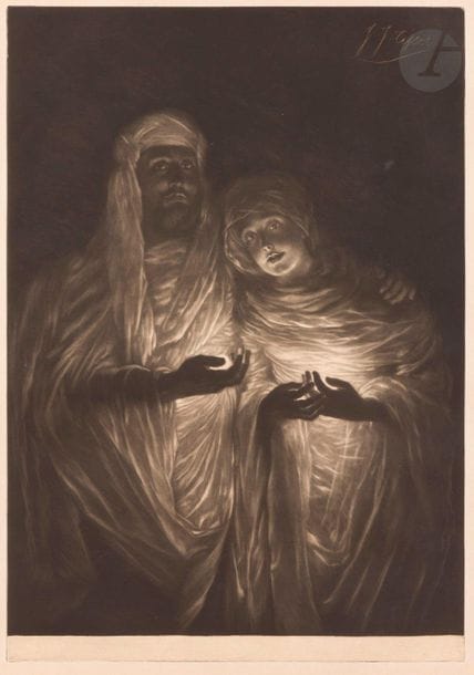 James-J.-J. Tissot (1836-1902)
Apparition médiunimique. 1885. Manière noire. 345 x 492. Wentworth 76. Superbe épreuve sur simili-japon, du 1er état (sur 2), avant la lettre. Une rousseur en marge droite. Toutes marges.
« Tissot a pratiqué la gravure en manière noire entre 1883 et 1886 essentiellement, avec un réel talent et dans le grand format. De manière intéressante, c’est à son retour en France qu’il utilise cette technique prisée en Angleterre, pour représenter Kathleen Newton, sa compagne récemment décédée. Kathleen émerge ici des noirs profonds en compagnie du médium William Eglinton. L’œuvre est la traduction d’une peinture que Tissot a gardée toute sa vie. » (Exposition James Tissot (1836-1902), l’ambigu moderne, Paris, musée d’Orsay, 2020). 