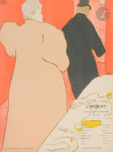 Henri de Toulouse-Lautrec (1864-1901)
L'Argent. Comedy in 4 acts by M. Émile Fabre. Program for Les Menus-Plaisirs, May 5, 1895. Lithography. [237 x 318]. Wittrock 97. Colour printing. Very nice and fresh proof printed without margins as usual. Frame. 