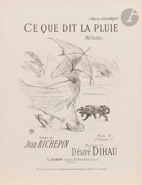 Henri de Toulouse-Lautrec (1864-1901)
Mélodies de Désiré Dihau. 1895. Lithographie. Chaque env. 210 x 270. Delteil 129 à 142 ; Wittrock 124 à 137. Suite complète de 14 pl. Parfaites épreuves sur vélin, du tirage de 1935. Toutes marges [250 x 325].
