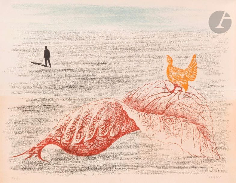 Toyen (Marie Cermínová, dite) (tchèque, 1902 -1980)
Paysage surréaliste (pl. pour le portefeuille Brunidor II). 1947-1952. Lithographie. 390 x 295. Impression en couleurs. Bonne épreuve sur vélin, numérotée et signée au crayon, oxydée. Pli horizontal médian très marqué. Autres courtes traces de plis. Tirage à 100 épreuves. R. Altmann éd.