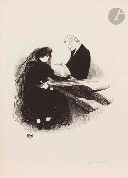 Félix Vallotton (1865-1925) 
Dernière nouveauté. 1893. Lithographie. 215 x 217. Vallotton et Goerg 44. Très belle épreuve sur vélin glacé crème, numérotée et signée au crayon bleu. Toutes marges. Tirage à 100 épreuves. (Planche reproduite dans L’Escarmouche du 31 décembre 1893).
