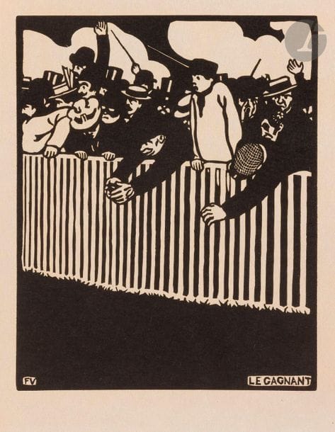 Félix Vallotton (1865-1925) 
Le Gagnant. 1898. Bois gravé. 178 x 224. Vallotton et Goerg 201 ; Johnson 146. Belle épreuve sur japon, non signée comme à l’ordinaire. Quelques rousseurs à l’extrême bord du feuillet. Toutes marges non ébarbées. A. Vollard éd.
