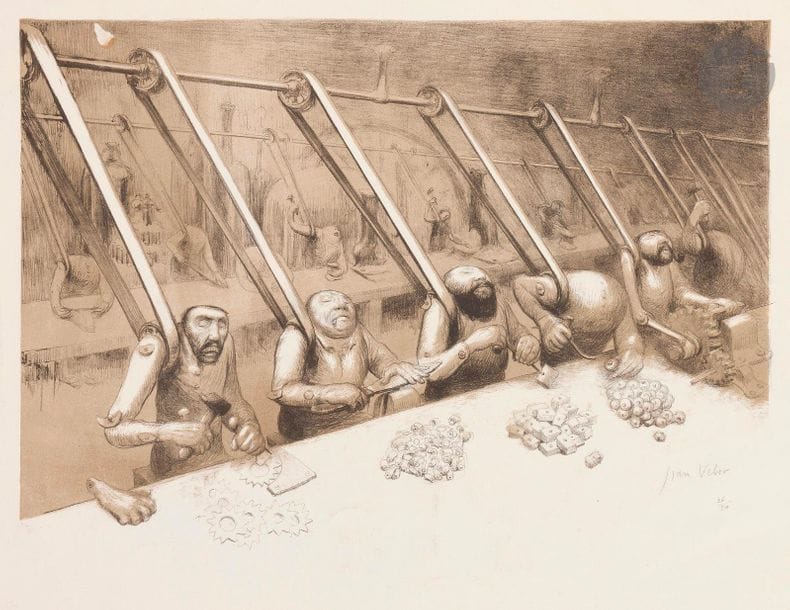 Jean Veber (1864-1928)
Les Sous-hommes. 1911. Lithographie. 420 x 290. Veber et Lacroix 112. Impression avec pierre de teinte bistre. Belle épreuve sur vélin, signée et numérotée au crayon. Léger empoussiérage. Plusieurs courtes déchirures et plis aux bords du feuillet. Toutes marges. Tirage à 50 épreuves. 