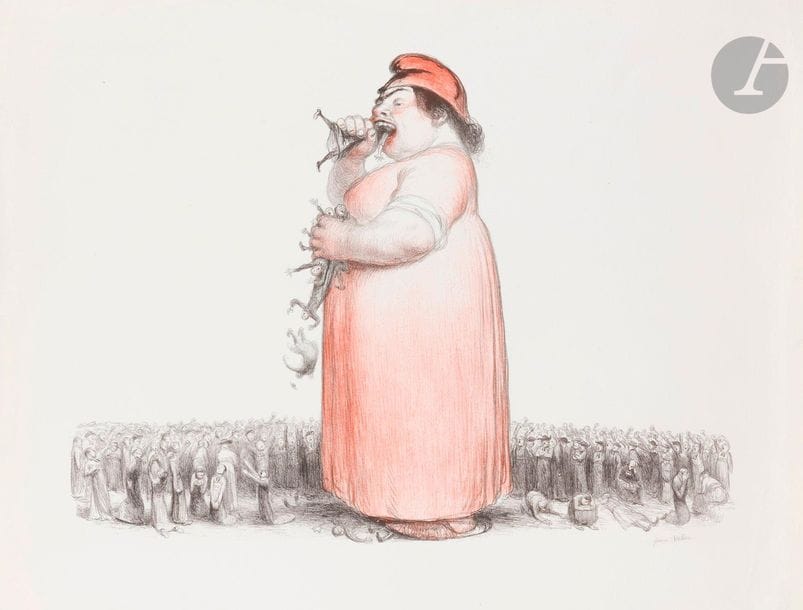 Jean Veber (1864-1928)
L’Ogresse, ou Marianne l’ogresse. 1909. Lithographie. 455 x 340. Veber et Lacroix 125. Impression en deux tons. Belle épreuve sur vélin blanc, soigneusement lavée, avec petites restaurations et manques aux bords du feuillet, signée au crayon (signature frottée). Toutes marges. Tirage à 65 épreuves. 