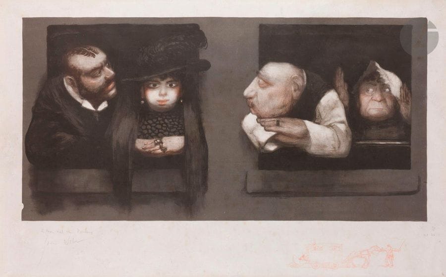 Jean Veber (1864-1928)
Monsieur et Madame Lhomme, ou Les Fenêtres. (Affiche non utilisée pour une pièce de Pierre Veber). 1896-1897. Lithographie. [970 x 620]. Veber et Lacroix 145. Impression en couleurs. Bonne épreuve sur chine volant, finement doublée sur japon pelure, lavée et restaurée, l’une des 40 tirées avec la remarque (roulotte) en rouge, dédicacée, signée et numérotée au crayon. Annotations d’encadrement le long du bord inférieur. Quelques rousseurs persistantes et manque comblé dans l’angle inférieur gauche. Toutes marges. 