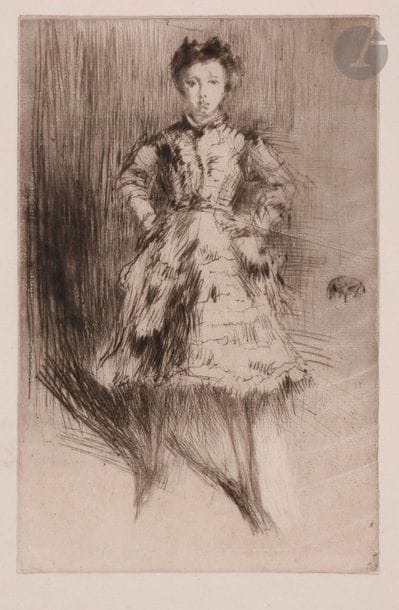 James Abbott McNeill Whistler (1834-1903)
Elinor Leyland. 1873. Pointe sèche. 138 x 210. Kennedy 109. Très belle épreuve d’essai sur vergé ancien avec inscriptions à la plume et à l’encre sépia sur trois lignes au verso, transparaissant au recto, tirée à l’effet, avec essuyage à droite du modèle. Petit manque dans l’angle supérieur gauche (préalable à l’impression). Plusieurs plis obliques de tirage dont un en travers du modèle à hauteur de taille. Infimes taches en pied. Toutes marges. 