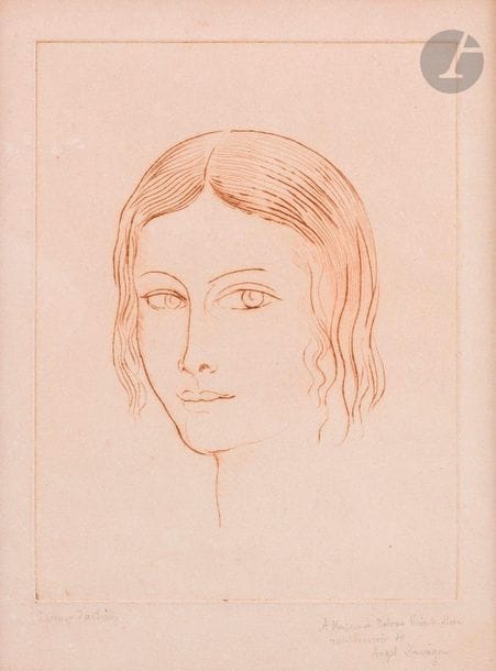 Ángel Zárraga y Argüelles (Mexican, 1886-1946)
 Young woman's face. Around 1930. Etching. 177 x 235. Printing in sanguine. Nice proof on vellum, justified in pencil "Artist's proof", dedicated and signed. Oxidized paper. Light freckles. Margins. Frame. 