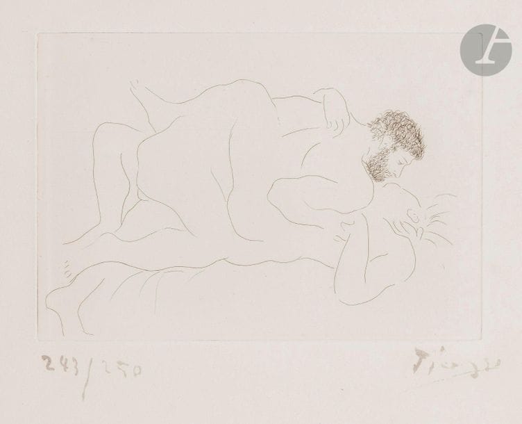 Pablo Picasso (1881-1973)
Male and female. 1927. Etching. 279 x 194. Bloch 77; Baer 118 b 2; Johnson 91. Superb proof on heavy vellum, numbered and signed in brush and grey ink. A few tiny rust spots. All margins not trimmed. Edition of 250 proofs. A. Vollard ed.