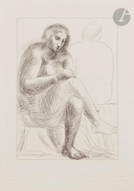 Pablo Picasso (1881-1973)
 Suite Vollard
Au bain. (Suite Vollard, pl. 3). 1931. Eau-forte. 224 x 312. Bloch 136 ; Baer 201 B d. Parfaite épreuve sur vergé de Montval filigrané « Picasso », du tirage à petites marges à 260 épreuves, non signée. Trace d’oxydation à peine perceptible aux bords du feuillet. 