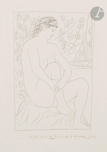 Pablo Picasso (1881-1973)
 Suite Vollard
 Au Femme nue assise devant un rideau. (Vollard Suite, pl. 4). 1931. Etching. 222 x 312. Bloch 137; Baer 202 B d. Perfect proof on Montval laid paper, watermarked "Picasso", from the small-margined edition of 260 proofs, unsigned. Barely perceptible trace of oxidation at the edges of the sheet.