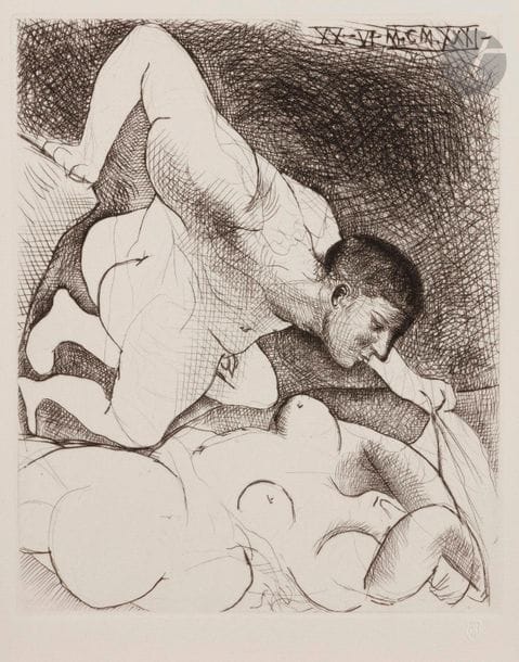 Pablo Picasso (1881-1973)
 Suite Vollard
 To Man Unveiling a Woman. (Vollard Suite, pl. 5). 1931. Dry point. 297 x 369. Bloch 138; Baer 203 II B d. Perfect proof on Montval laid paper, watermarked "Vollard", from the small-margined edition with 260 proofs, unsigned. Trace of oxidation barely perceptible at the edges of the sheet.