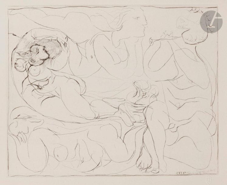 Pablo Picasso (1881-1973)
 Suite Vollard
Au Flûtiste et trois femmes nues. (Suite Vollard, pl. 11). 1933. Pointe sèche. 368 x 296. Bloch 144 ; Baer 258 B d. Parfaite épreuve sur vergé de Montval filigrané « Vollard », du tirage à petites marges à 260 épreuves, non signée. Trace d’oxydation à peine perceptible aux bords du feuillet.