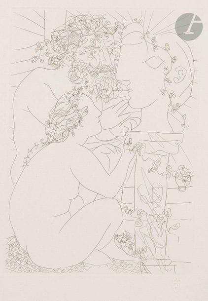 Pablo Picasso (1881-1973)
 Suite Vollard
Au Sculpteur, modèle accroupi et tête sculptée. (Suite Vollard, pl. 39). 1933. Eau-forte. 194 x 268. Bloch 155 ; Baer 308 II B d. Parfaite épreuve sur vergé de Montval filigrané « Vollard », du tirage à petites marges à 260 épreuves, non signée. Trace d’oxydation à peine perceptible aux bords du feuillet.