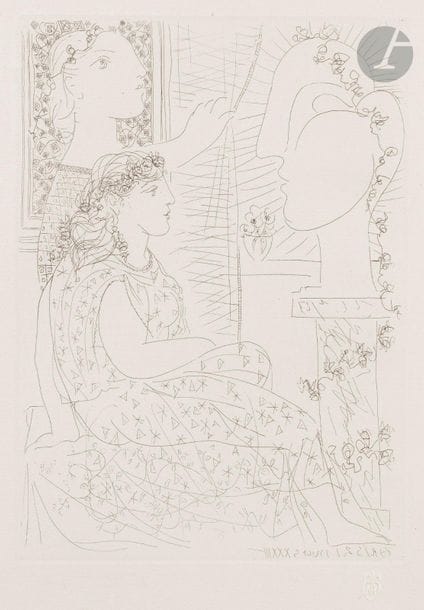 Pablo Picasso (1881-1973)
 Suite Vollard
Au Deux modèles vêtus. (Suite Vollard, pl. 42). 1933. Eau-forte. 192 x 267. Bloch 150 ; Baer 302 B d. Très belle épreuve sur vergé de Montval filigrané « Vollard », du tirage à petites marges à 260 épreuves, non signée. Une petite rousseur claire sous le sujet. Infimes rousseurs au bord gauche du feuillet.