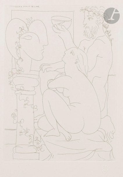 Pablo Picasso (1881-1973)
 Suite Vollard
Au Sculpteur avec coupe, modèle accroupi. (Suite Vollard, pl. 44). 1933. Eau-forte. 194 x 268. Bloch 152 ; Baer 304 II B d. Parfaite épreuve sur vergé de Montval filigrané « Picasso », du tirage à petites marges à 260 épreuves, non signée. Trace d’oxydation à peine perceptible aux bords du feuillet.