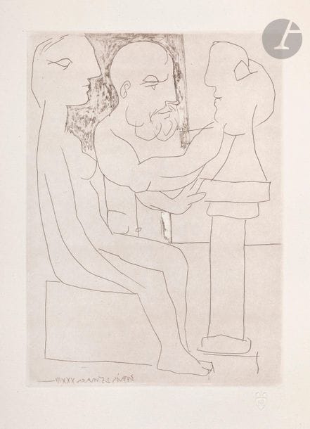 Pablo Picasso (1881-1973)
 Suite Vollard
Au Vieux sculpteur au travail. (Suite Vollard, pl. 47). 1933. Eau-forte et grattoir. 194 x 267. Bloch 153 ; Baer 305 B d. Parfaite épreuve tirée avec teinte de fond sur vergé de Montval filigrané « Picasso », du tirage à petites marges à 260 épreuves, non signée. Un minuscule corps étranger dans le papier en marge à gauche sous le coup de planche. Infime manque dans l’angle inférieur droit, préalable à l’impression. Toutes marges non ébarbées.