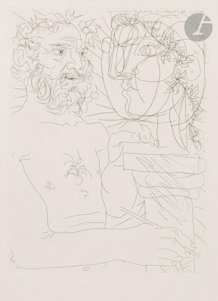 Pablo Picasso (1881-1973)
 Suite Vollard
 At the Sculptor's Half-Body at Work. (Vollard Suite, pl. 49). 1933. Etching. 194 x 268. Bloch 158; Baer 311 B d. Fine proof on Montval laid paper, watermarked "Picasso", from the small-margined edition of 260 proofs, unsigned. Clear halo of dampness along the upper left edge. Barely perceptible trace of oxidation at the edges of the sheet.