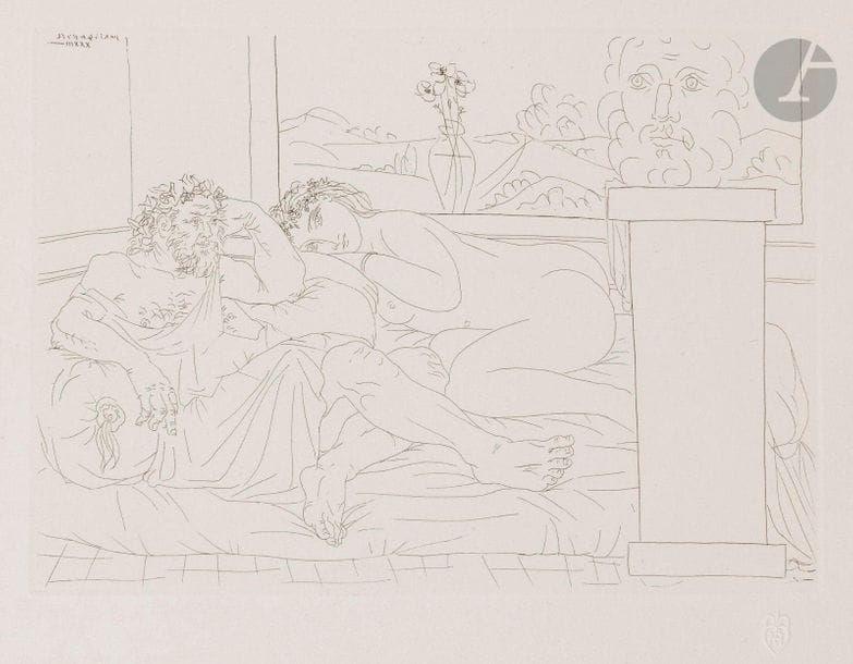 Pablo Picasso (1881-1973)
 Suite Vollard
Au Le Repos du sculpteur. (Suite Vollard, pl. 65). 1933. Eau-forte. 268 x 194. Bloch 174 ; Baer 327 B d. Parfaite épreuve sur vergé de Montval filigrané « Picasso », du tirage à petites marges à 260 épreuves, non signée. Trace d’oxydation à peine perceptible aux bords du feuillet.