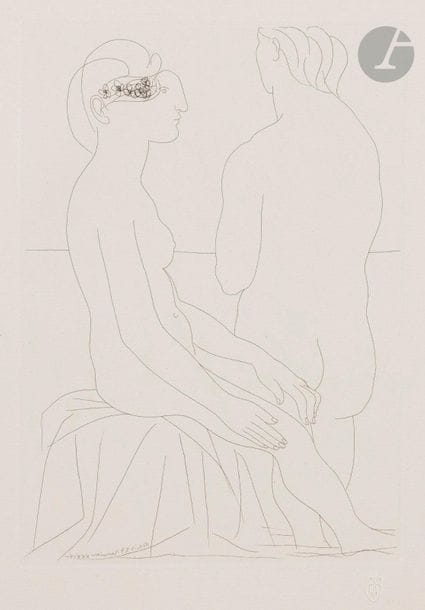 Pablo Picasso (1881-1973)
 Suite Vollard
Au Femme assise et femme de dos. (Suite Vollard, pl. 78). 1933. Eau-forte. 198 x 278. Bloch 206 ; Baer 404 B d. Parfaite épreuve sur vergé de Montval filigrané « Picasso », du tirage à petites marges à 260 épreuves, non signée. Trace d’oxydation à peine perceptible aux bords du feuillet.