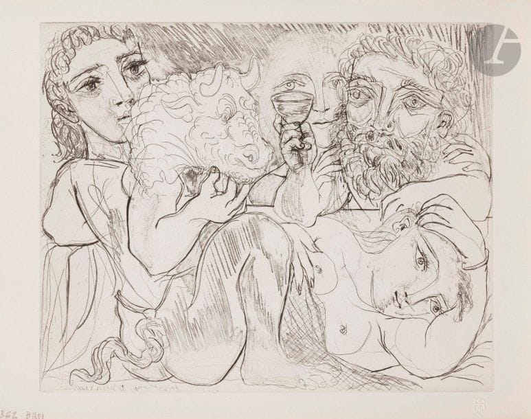 Pablo Picasso (1881-1973)
 Suite Vollard
 Au Minotaure, drinker and women. (Vollard Suite, pl. 92). 1933. Etching. 365 x 298. Bloch 20; Baer 368 II B d. Perfect proof on Montval laid paper, watermarked "Vollard", from the small-margined edition with 260 proofs, unsigned. Trace of oxidation barely perceptible at the edges of the sheet.