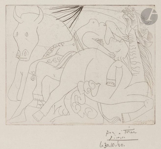 Pablo Picasso (1881-1973)
Femme torero, cheval et taureau mourant I. 1934. Eau-forte. 297 x 238. Bloch 280 ; Baer 428 A a. Très belle épreuve sur vergé ancien azuré, annotée « Bon à tirer », signée et datée « le 30.10.60 », antérieure au tirage à 50 épreuves effectué pour la galerie Louise Leiris en 1961. Petit arrachement et traces de plis préalables à l’impression dans l’angle inférieur droit. Toutes marges. 