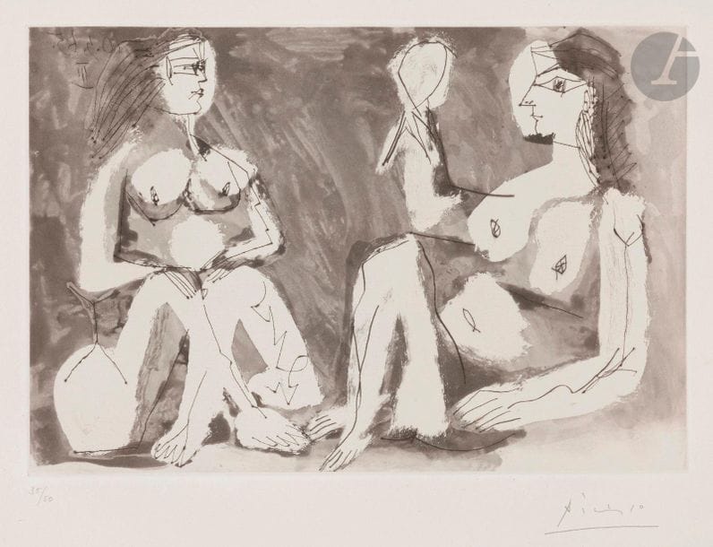 Pablo Picasso (1881-1973)
Two women sitting at the mirror. March 10, 1965. Aquatint, etching and drypoint. 323 x 222. Bloch 1211; Baer 1193 B b 1. Very nice and fresh proof on ivory wove paper, numbered and signed in pencil. Minute trace of oxidation at the edges of the sheet. All margins. Edition of 50 proofs. Published by the Louise Leiris gallery (1965). 