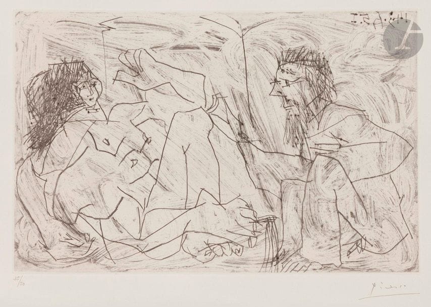 Pablo Picasso (1881-1973)
Homme barbu avec une femme nue. 14 mars 1965. Eau-forte et pointe sèche. 383 x 247. Bloch 1222 ; Baer 1204 B b 1. Très belle et fraîche épreuve sur vélin ivoire, numérotée et signée au crayon. Infime trace d’oxydation aux bords du feuillet. Toutes marges. Tirage à 50 épreuves. Éd. de la galerie Louise Leiris (1966). 