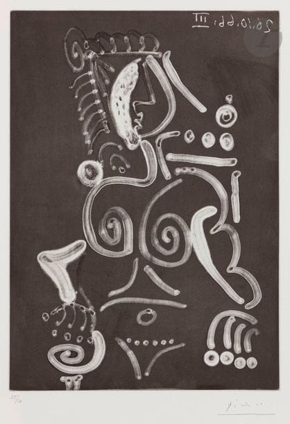 Pablo Picasso (1881-1973)
Femme nue au fauteuil. 26 octobre 1966. Aquatinte. 272 x 376. Bloch 1393 ; Baer 1415 B b 1. Parfaite épreuve sur vélin blanc, numérotée et signée au crayon. Toutes marges. Tirage à 50 épreuves. Éd. de la galerie Louise Leiris (1968). 