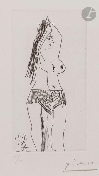 Pablo Picasso (1881-1973)
Suite « Les 347 »
Femme se coiffant. (Les 347, pl. 27). 11 avril 1968. Eau-forte. 58 x 118. Bloch 1507 ; Baer 1523 B b 1. Parfaite épreuve sur vélin blanc, numérotée et signée au crayon. Toutes marges. Tirage à 50 épreuves. Éd. de la galerie Louise Leiris (1969). 