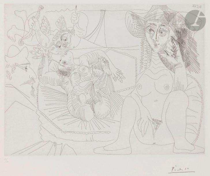 Pablo Picasso (1881-1973)
Suite " Les 347"
Young woman with a hat sinning by thought while squinting at a prelate. (Les 347, pl. 71). May 10, 1968. Etching. 416 x 318. Bloch 1551; Baer 1567 B b 1. Perfect proof on white vellum, numbered and signed in pencil. All margins. Edition of 50 proofs. Éd. of the Louise Leiris gallery (1969). 