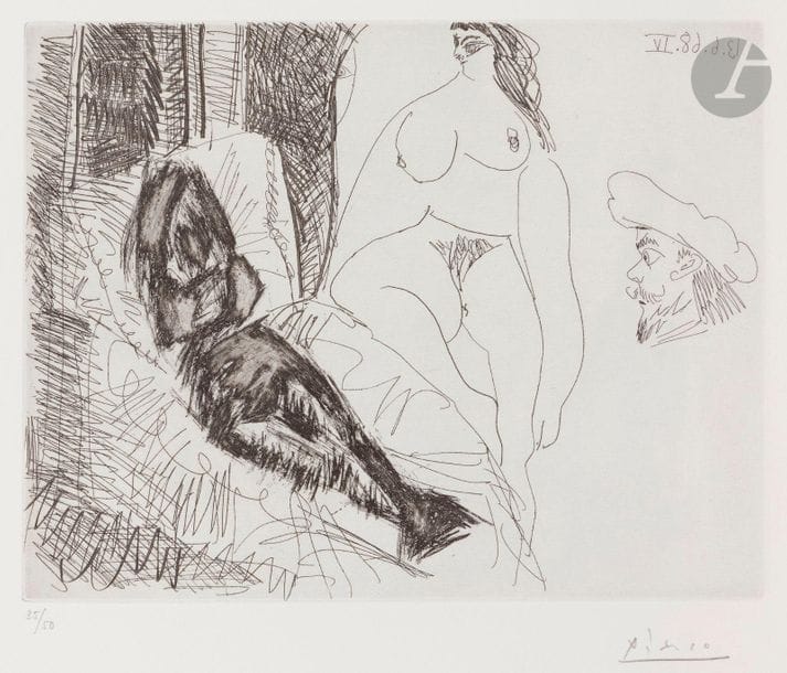 Pablo Picasso (1881-1973)
Suite « Les 347 »
Deux femmes, avec voyeur. (Les 347, pl. 158). 13 juin 1968. Eau-forte et grattoir. 289 x 223. Bloch 1638 ; Baer 1654 B b 1. Parfaite épreuve sur vélin blanc, numérotée et signée au crayon. Toutes marges. Tirage à 50 épreuves. Éd. de la galerie Louise Leiris (1969). 