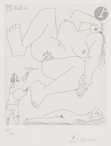 Pablo Picasso (1881-1973)
Suite « Les 347 »
La Démesure du peintre. (Les 347, pl. 268). 10 août 1968. Eau-forte. 110 x 138. Bloch 1748 ; Baer 1765 B b 1. Parfaite épreuve sur vélin blanc, numérotée et signée au crayon. Toutes marges. Tirage à 50 épreuves. Éd. de la galerie Louise Leiris (1969). 