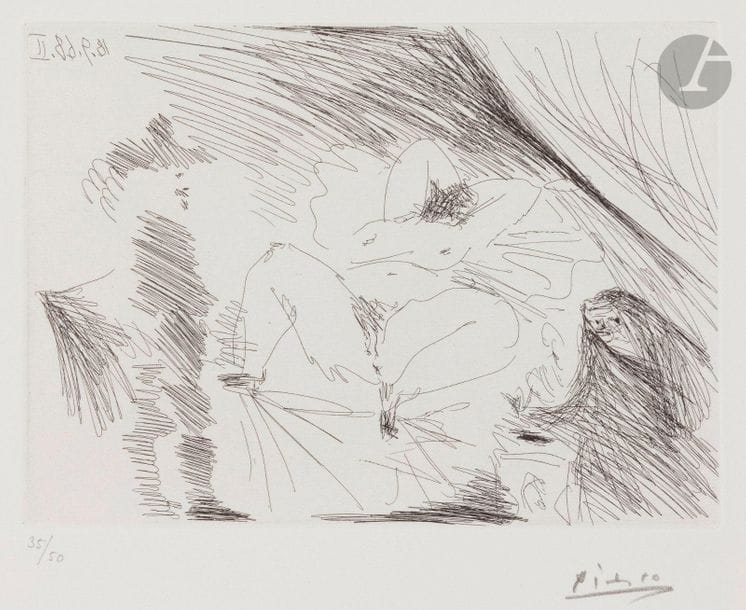 Pablo Picasso (1881-1973)
Suite « Les 347 »
Jeune femme au lit, Célestine et gentilhomme. (Les 347, pl. 322). 18 septembre 1968. Eau-forte. 206 x 146. Bloch 1802 ; Baer 1819 B b 1. Parfaite épreuve sur vélin blanc, numérotée et signée au crayon. Toutes marges. Tirage à 50 épreuves. Éd. de la galerie Louise Leiris (1969). 