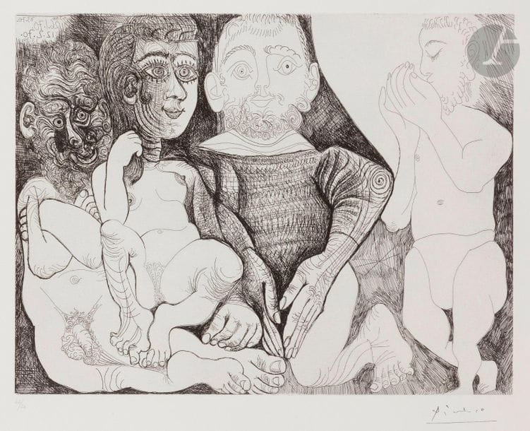 Pablo Picasso (1881-1973)
Suite « Les 156 »
Vieil homme concupiscent et impuissant avec une prostituée espagnole sur les genoux, marin se cachant le sexe, et jardinier. (Les 156, pl. 6). 26 janvier-7 mars 1970. Eau-forte. 418 x 316. Bloch 1861 ; Baer 1866 V B a. Parfaite épreuve sur vélin blanc, numérotée au crayon et timbrée (Lugt 2026e). Toutes marges. Tirage à 50 épreuves. Éd. de la galerie Louise Leiris (1978). 