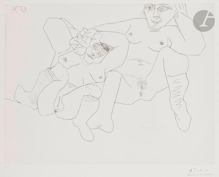 Pablo Picasso (1881-1973)
Suite « Les 156 »
Deux femmes en chaussettes. (Les 156, pl. 118). 3 mai 1971. Pointe sèche. 493 x 365. Bloch 1973 ; Baer 1982 B a. Parfaite épreuve sur vélin blanc, numérotée au crayon et timbrée (Lugt 2026e). Toutes marges. Tirage à 50 épreuves. Éd. de la galerie Louise Leiris (1978). 